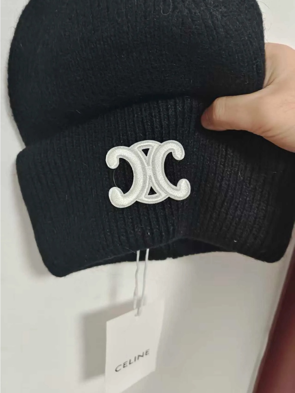 Celine Black Knit Beanie with Silver Logo Patch